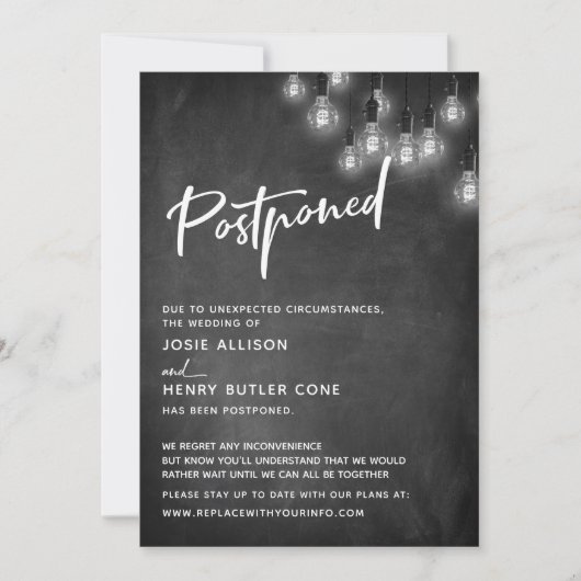 Krijtbord Edisonlichten Uitgestelde Bruiloft Kaart (Voorkant)