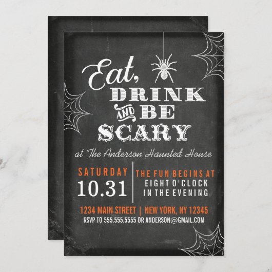 Krijtbord Eet Drink en Wees eng Halloween Party Kaart (Voorkant / Achterkant)