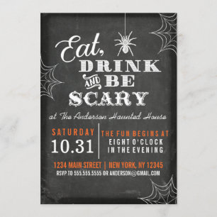 Krijtbord Eet Drink en Wees eng Halloween Party Kaart