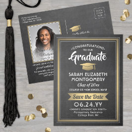 Krijtbord en gouden Afstuderen foto Sla de datum o Aankondigingskaart