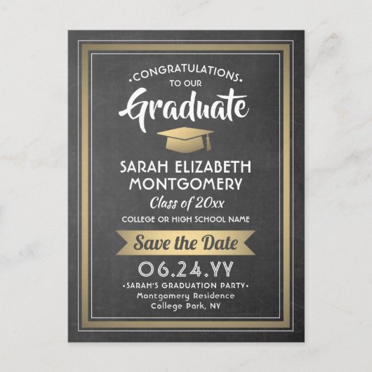 Krijtbord en gouden Afstuderen foto Sla de datum o Aankondigingskaart (Voorkant)