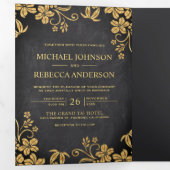 Krijtbord en goudfolie Bloemenbladeren Bruiloft Drieluik Uitnodiging (Binnenzijde eerst)