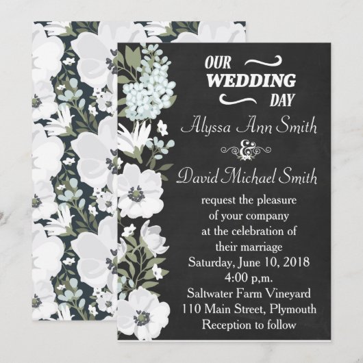 Krijtbord en witte anemoon bloemenbruiloft Invita Kaart (Voorkant / Achterkant)