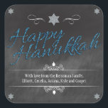Krijtbord Faux Blue Glitter Chanoeka Vierkante Sticker<br><div class="desc">Een krijtbord achtergrond shows van de woorden "Happy Chanoeka" die wordt weergegeven in een blauw faux glitter effect. Een zilveren glitterster van David doorprikt de top van het ontwerp. Dreidels worden toegevoegd als accenten samen met bochtige ornamenten om uw speciale boodschap te lijsten. Perfecte manier om uw Chanoeka-viering een die...</div>