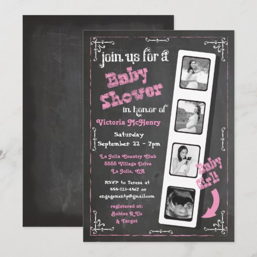 Krijtbord Film Strip Echografie Baby Meisje Douche Kaart (Voorkant / Achterkant)