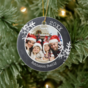 Krijtbord Foto Familie Kerst Sneeuwvlok Keramisch Ornament