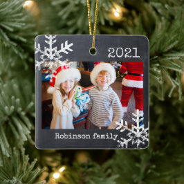 Krijtbord Foto Familie Kerst Sneeuwvlok Keramisch Ornament