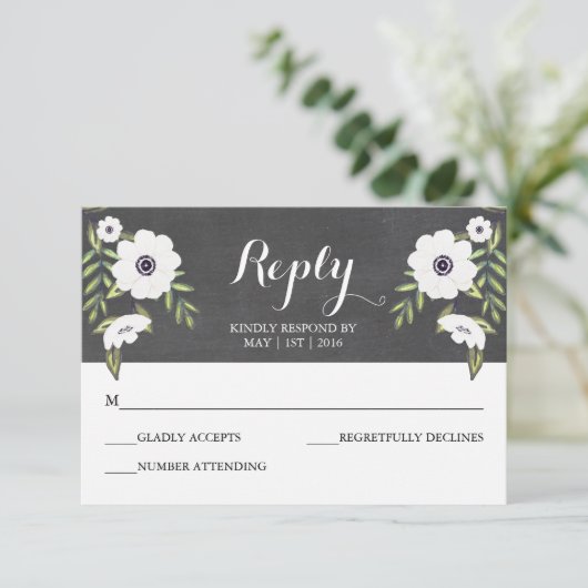 Krijtbord geschilderde anemonen - RSVP-kaart RSVP Kaartje (Staand voorkant)
