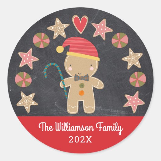 Krijtbord Gingerbread Boy Cookie Rood Schattige Va Ronde Sticker (Voorkant)