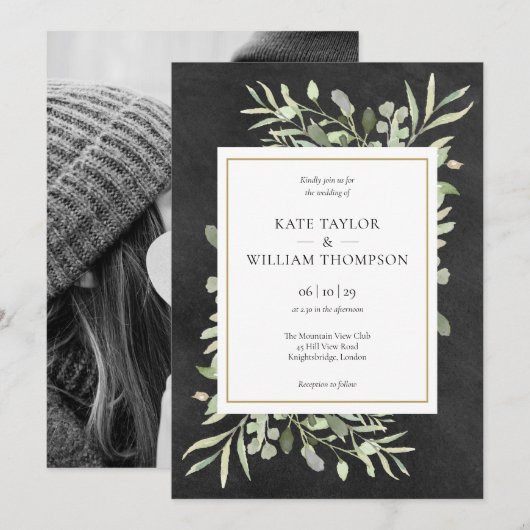 Krijtbord Goud Geometrisch groen Foto Bruiloft Kaart (Voorkant / Achterkant)