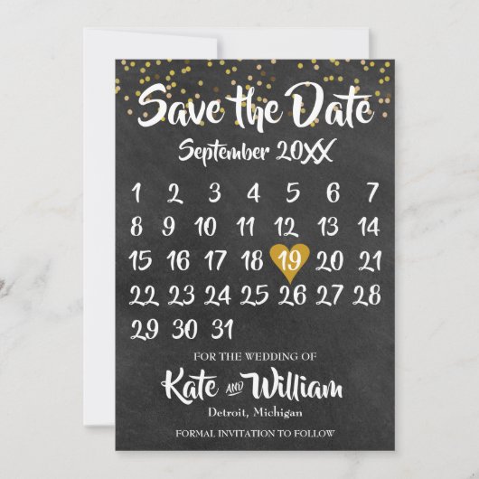 Krijtbord Goud Hart Kalender Bewaar de datum Save The Date (Voorkant)