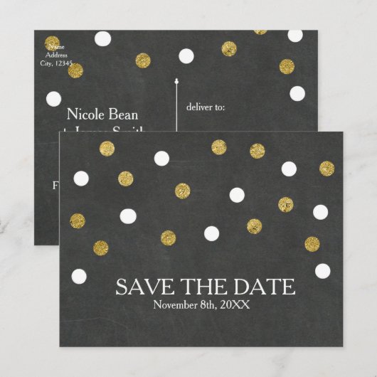 Krijtbord Goud & Wit Confetti Save the Date Aankondigingskaart (Voorkant / Achterkant)