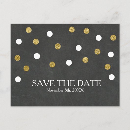 Krijtbord Goud & Wit Confetti Save the Date Aankondigingskaart (Voorkant)