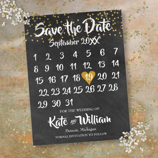 Krijtbord Gouden Liefdes Hart Kalender Bewaar de D Aankondigingskaart
