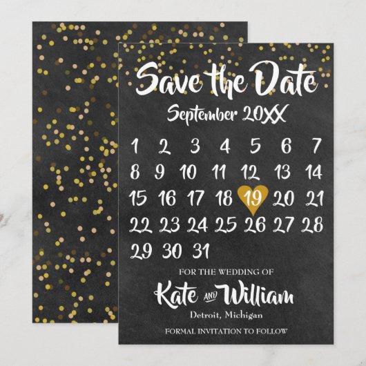 Krijtbord Gouden Liefdes Hart Kalender Bewaar de D Save The Date (Voorkant / Achterkant)