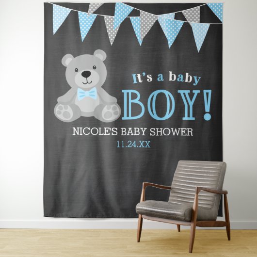 Krijtbord Grijs Teddybeer Baby Shower Achtergrond Wandkleed (In situ)