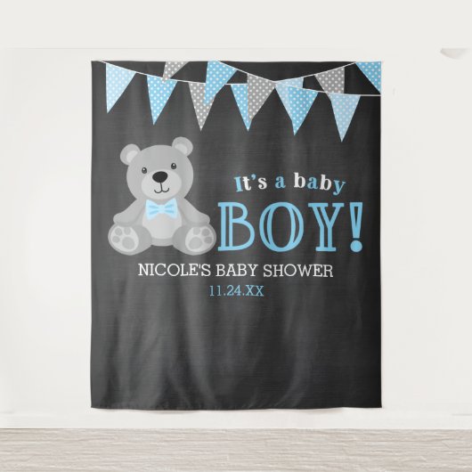Krijtbord Grijs Teddybeer Baby Shower Achtergrond Wandkleed (Voorkant)