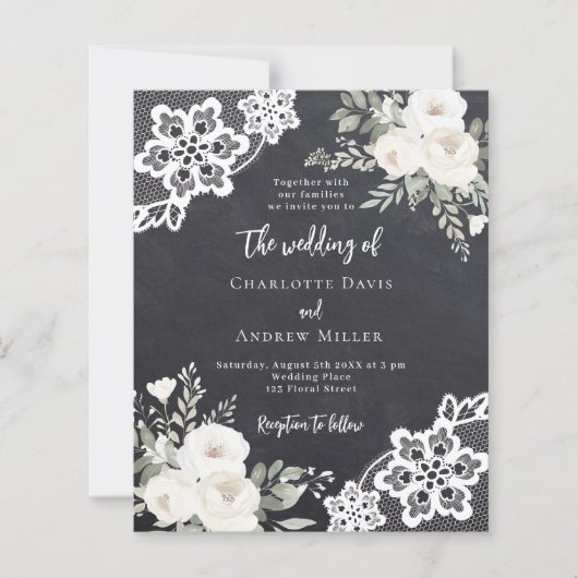 Krijtbord grijs wit kant bruiloft uitnodiging (Voorkant)