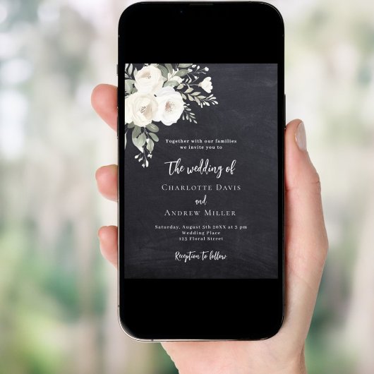 Krijtbord grijs witte rozen bruiloft kaart