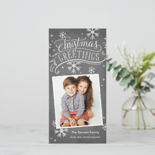 Krijtbord Groeten 1-Foto Sneeuwvlok Vakantie Feestdagenkaart (Staand voorkant)