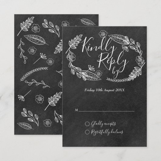 Krijtbord Handgetekende bloemenslingerscript RSVP Kaartje (Voorkant / Achterkant)