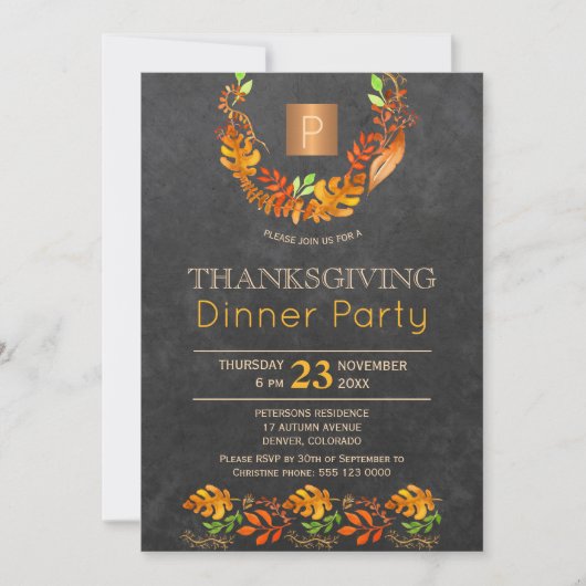 Krijtbord herfst krans monogram Thanksgiving parti Kaart (Voorkant)