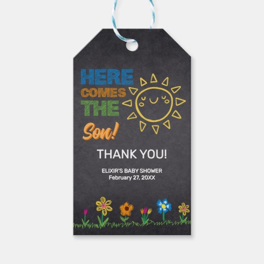 Krijtbord hier komt het Baby shower van de Zoon Cadeaulabel (Voorkant)