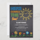 Krijtbord hier komt het Baby shower van de Zoon Kaart (Voorkant)