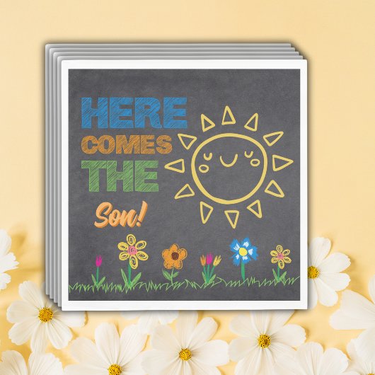 Krijtbord hier komt het Baby shower van de Zoon Servet