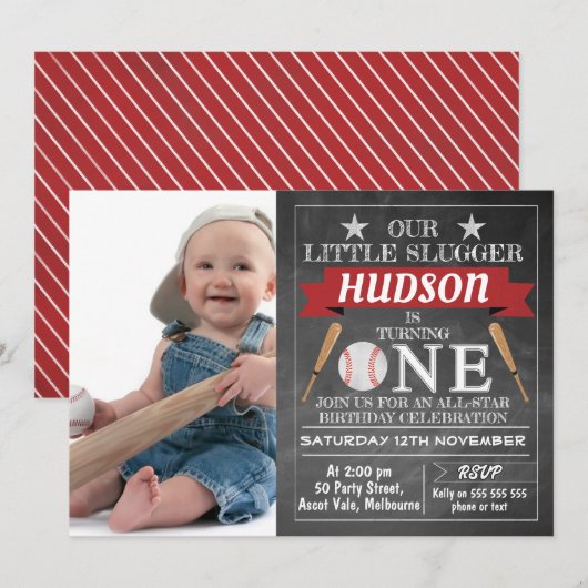 Krijtbord honkbal uitnodiging 1e verjaardag (Voorkant / Achterkant)