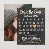 Krijtbord Kalender Save the Date Foto Goud Stof Aankondigingskaart (Voorkant / Achterkant)