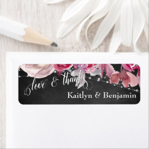 Krijtbord, Lichten, Roze Bloemen Liefde & Bedankt Etiket