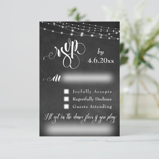 Krijtbord, Lichten & Script RSVP met Song Request (Staand voorkant)