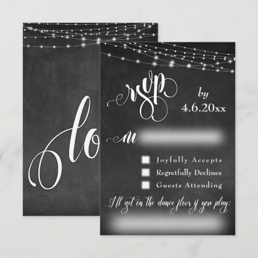 Krijtbord, Lichten & Script RSVP met Song Request Kaartje (Voorkant / Achterkant)