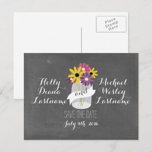 Krijtbord Mason Jar Flowers Save Date Briefkaart (Voorkant / Achterkant)