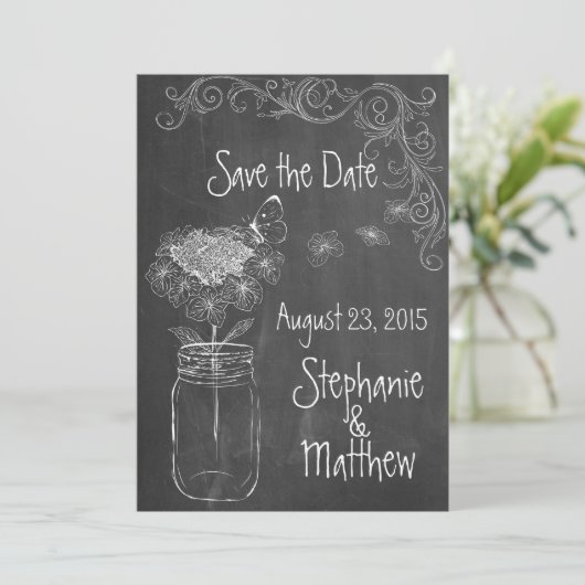 KRIJTBORD MASON JAR GARDEN BRUILOFT SAVE THE DATE KAART (Staand voorkant)