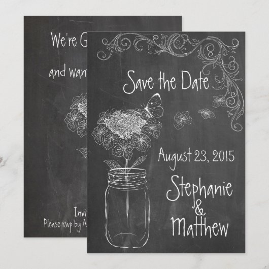KRIJTBORD MASON JAR GARDEN BRUILOFT SAVE THE DATE KAART (Voorkant / Achterkant)