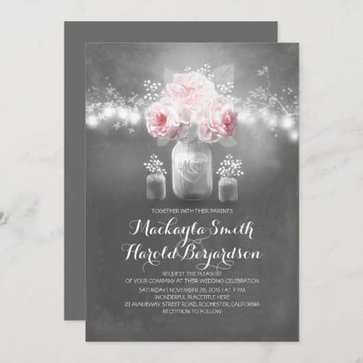 krijtbord mason jar rustieke string lichten bruilo kaart (Voorkant / Achterkant)