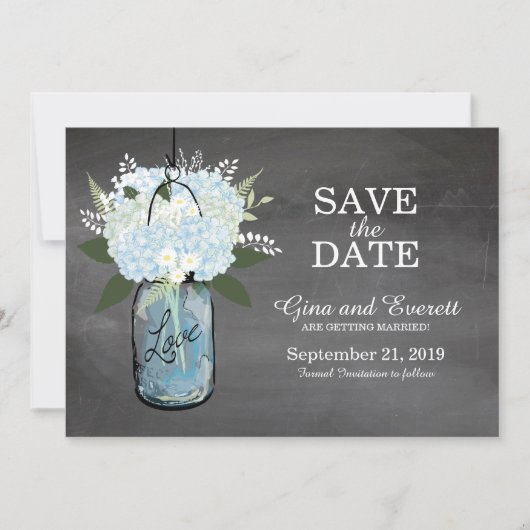 Krijtbord Mason Pot Hydrangea | BEWAAR DEZE DATUM Save The Date (Voorkant)