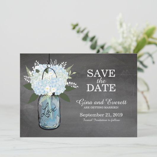 Krijtbord Mason Pot Hydrangea's | BEWAAR DE DATUM Save The Date (Staand voorkant)