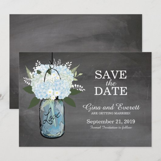 Krijtbord Mason Pot Hydrangea's | BEWAAR DE DATUM Save The Date (Voorkant / Achterkant)