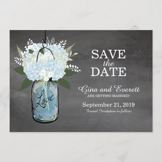 Krijtbord Mason Pot Hydrangea's | BEWAAR DE DATUM Save The Date (Voorkant)