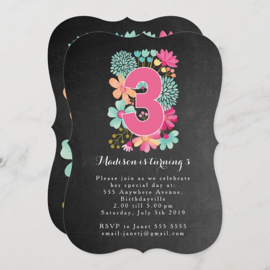 Krijtbord Meisjes Bloemen 3e Verjaardagsfeest Uitn Kaart (Voorkant / Achterkant)