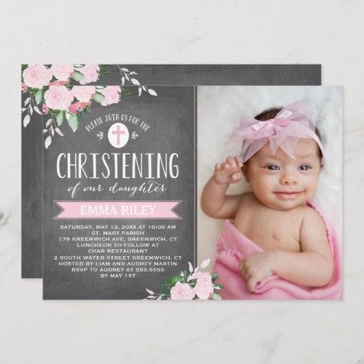 krijtbord met bloeiende bloemen | doopuitnodiging kaart (Voorkant / Achterkant)