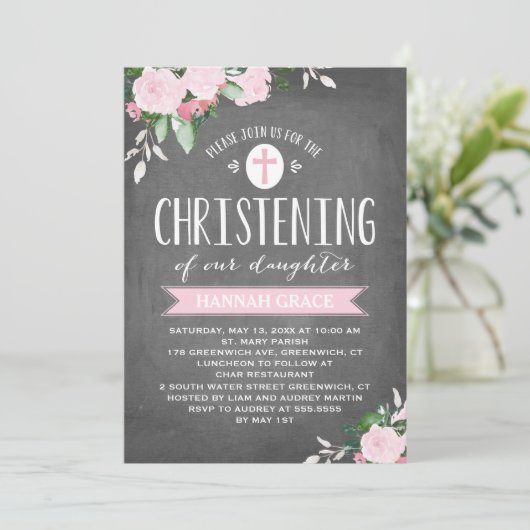 krijtbord met bloeiende bloemen | doopuitnodiging kaart (Staand voorkant)