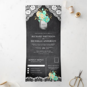 Krijtbord Mint Bloemstuk Mason Jar Kant Huwelijk Drieluik Uitnodiging