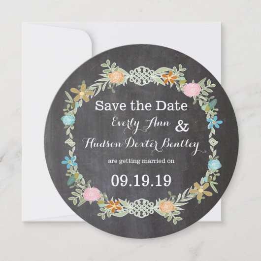 Krijtbord Mint Roze Aqua Bloemenslingers Bruiloft Save The Date (Voorkant)