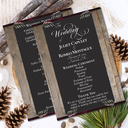 Krijtbord op Hout - Burgundy Bruiloft Programmakaart