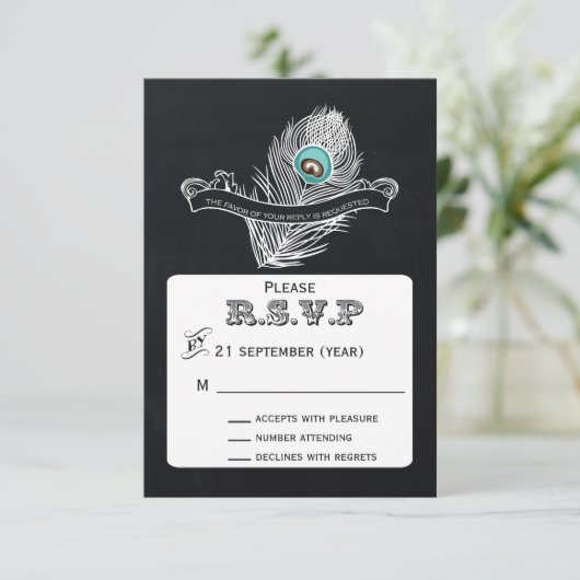 Krijtbord pauw bruiloft rsvp 3.5 x 5 (Staand voorkant)