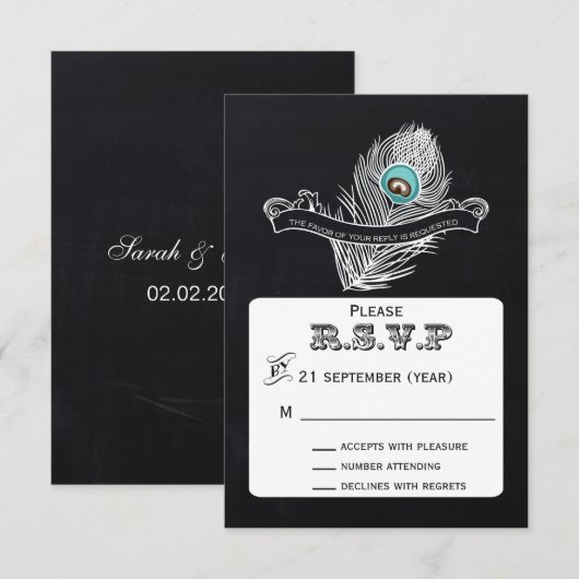  Krijtbord pauw bruiloft rsvp 3.5 x 5 Kaartje (Voorkant / Achterkant)